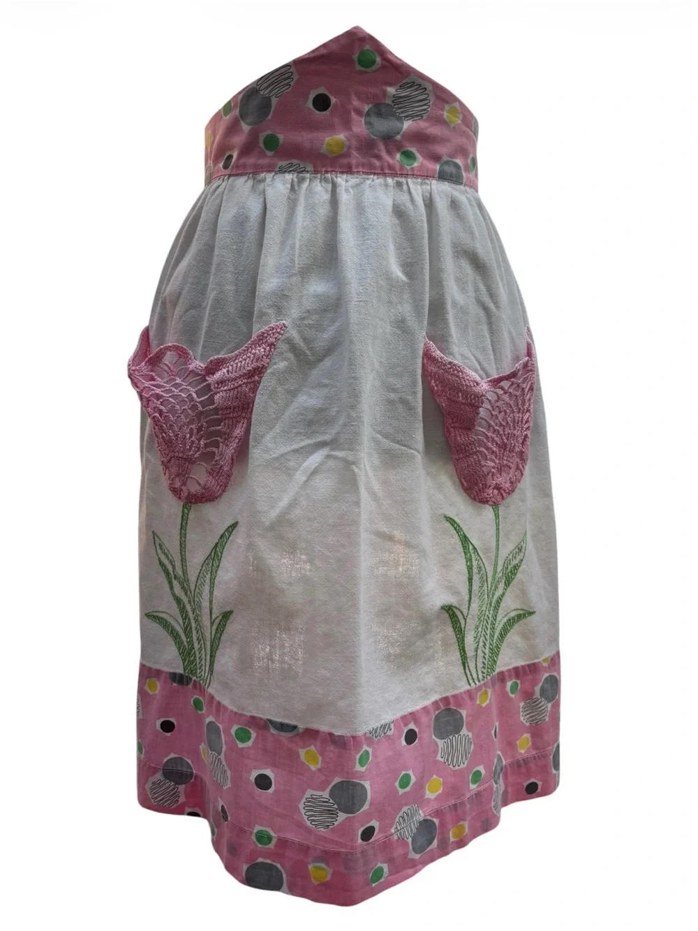Vtg 1950 Pink Crochet Tulip Pocket Half Apron Geometric Mid-Century Girlhoodcore